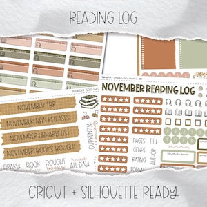 Puede incluir: Un conjunto de hojas de pegatinas titulado READING LOG con varios iconos de libros, valoraciones con estrellas y etiquetas en tonos tierra apagados como terracota, verde salvia y marrón, incluyendo textos como NOVEMBER READING LOG y NOVEMBER TBR.