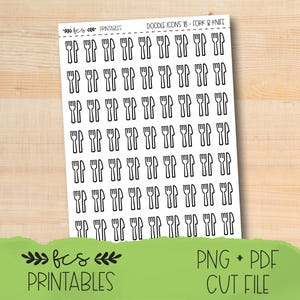 Printable FORK & KNIFE doodle icon stickers in four colorways