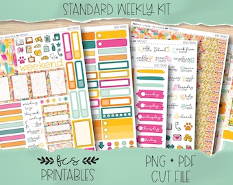 May include: A planner sticker kit with a variety of colourful stickers. The kit includes stickers with the days of the week, weekend, and other functional and decorative elements. The text "STANDARD WEEKLY KIT" is at the top.