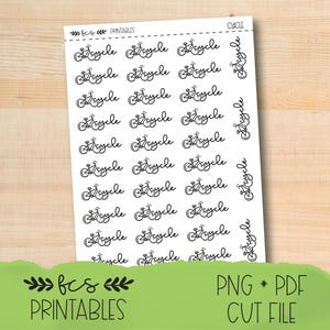May include: A sheet of stickers featuring a repeating bicycle design in black ink. The word "cycle" is written in a cursive font above each bicycle illustration. The sheet also includes the text "fcs Printables" and "PNG * PDF CUT FILE".