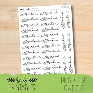 Printable WORKOUT doodle script stickers in four colorways