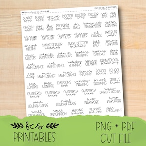 May include: A white sheet of planner stickers featuring black handwritten-style text for various tasks and appointments, including dentist, doctor, oil change, and tax reminders. The sheet is labeled with the text fcs printables, PNG, and PDF cut file.