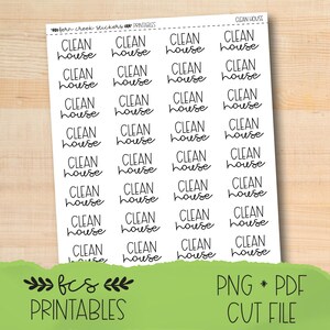 May include: A sheet of white stickers with the words "CLEAN house" in a handwritten font. The stickers are arranged in rows and columns. The bottom of the sheet has a green banner with the text "fcs PRINTABLES" and "PNG * PDF CUT FILE".