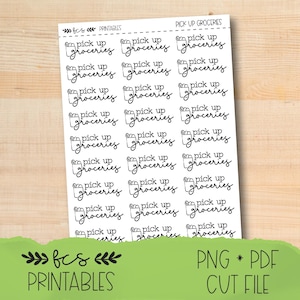 May include: A sheet of white stickers with the words "pick up groceries" in a handwritten style, repeated multiple times. The stickers are arranged in rows and columns. The sheet also includes the text "fcs PRINTABLES" and "PNG * PDF CUT FILE".