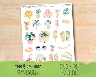 May include: A sheet of summer-themed stickers featuring watercolor illustrations of a smiling sun, pineapple, beach hat, ice cream, palm trees, sunglasses, and more. The sheet includes the text "Summer Vibes" and "fcs PRINTABLES".