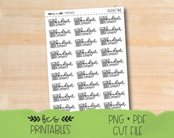 Printable BUDGET TIME doodle script stickers in four colorways