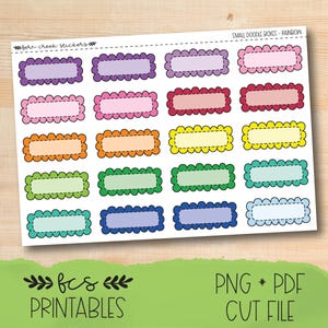 May include: A sheet of colorful sticker labels with scalloped edges. The labels are in various colors, including purple, pink, red, orange, yellow, green, blue, and light blue. The text "fcs PRINTABLES" and "PNG * PDF CUT FILE" are also visible.