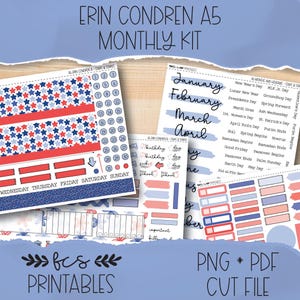 May include: A planner kit with various sticker sheets. The sheets feature red, white, and blue star patterns, along with labels for months and days. The kit includes stickers for holidays and other events. The text "Erin Condren A5 Monthly Kit" is at the top.
