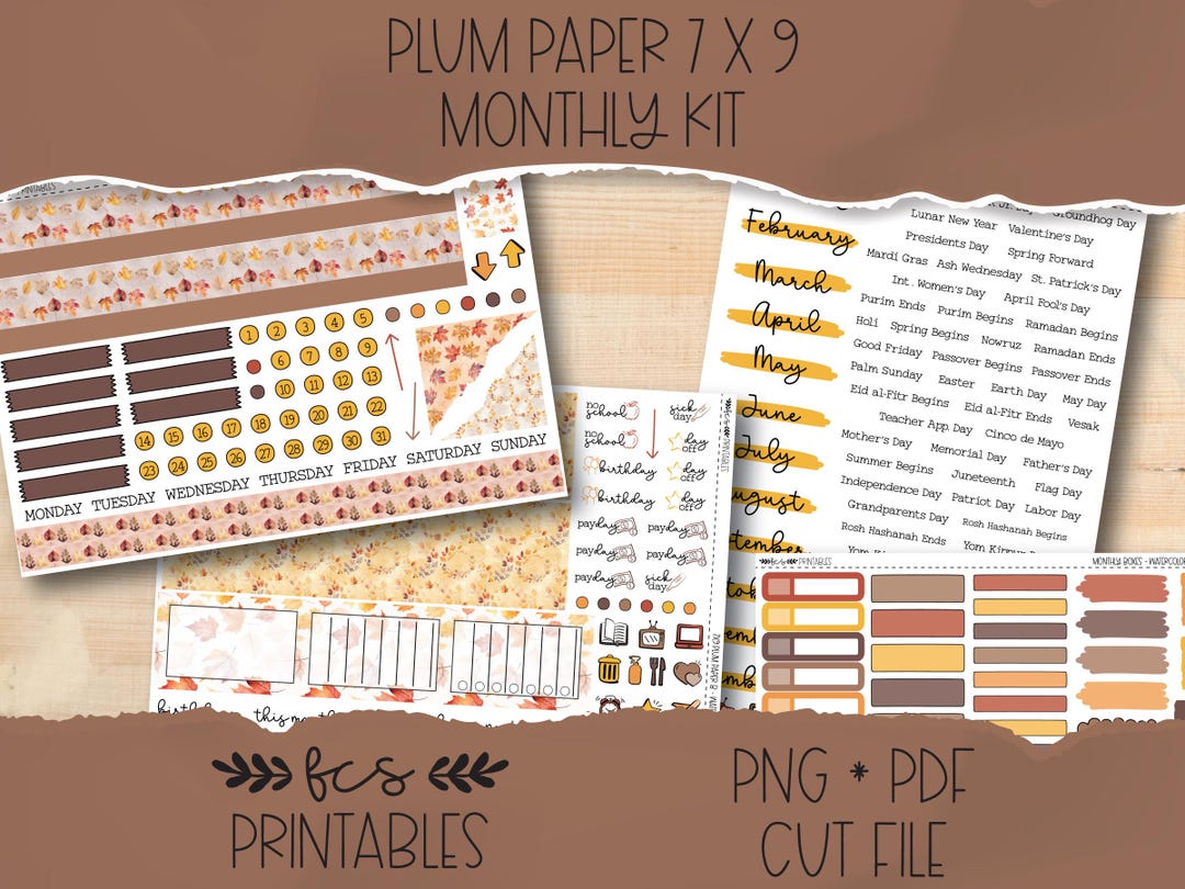 WATERCOLOR LEAVES Plum Paper 7x9 Printable Monthly Sticker Kit - Etsy