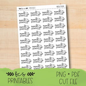 May include: A sheet of white stickers with the words "meal plan" in a handwritten font, accompanied by a small notepad and pencil illustration. The stickers are designed for planning and organizing meals.