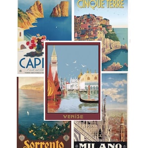 Klasyczne włoskie plakaty vintage Reklamy turystyczne dla miast we Włoszech, takich jak Capri, Wenecja, Mediolan, Sorrento i Aperitif