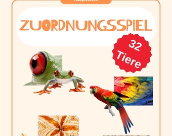 May include: A colorful matching game with 32 animal images. The game features a red-eyed green tree frog, a red and yellow macaw, a starfish, and a tiger.