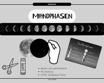 Könnte beinhalten: Eine Schwarzweißillustration der Mondphasen. Die Illustration enthält ein Diagramm der Mondphasen, eine Hand, die eine Mondphase hält, sowie einen Klebestift und eine Schere. Der Text "Mondphasen" befindet sich oben im Bild. Der Text "Die Mondphasen" befindet sich unten im Bild.