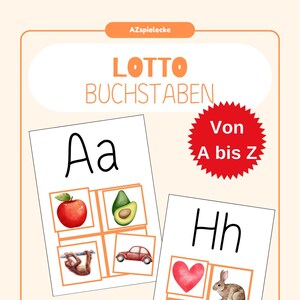 Peut inclure: Un jeu de loto de l'alphabet avec des images. Les cartes présentent les lettres Aa et Hh avec des images correspondantes d'une pomme, d'un avocat, d'un singe, d'une voiture, d'un cœur et d'un lapin.