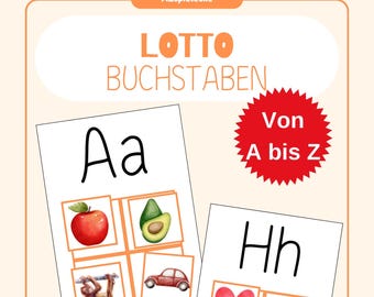 Peut inclure: Un jeu de loto de l'alphabet avec des images. Les cartes présentent les lettres Aa et Hh avec des images correspondantes d'une pomme, d'un avocat, d'un singe, d'une voiture, d'un cœur et d'un lapin.