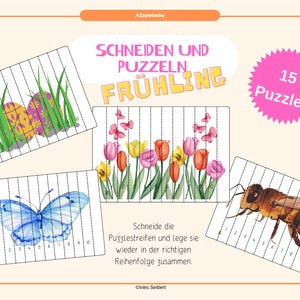 Puede incluir: Un conjunto de 15 rompecabezas con temática primaveral para niños. Cada rompecabezas presenta una imagen diferente, incluyendo una mariposa, una abeja, tulipanes y huevos de Pascua. Los rompecabezas están diseñados para ser recortados y reensamblados.
