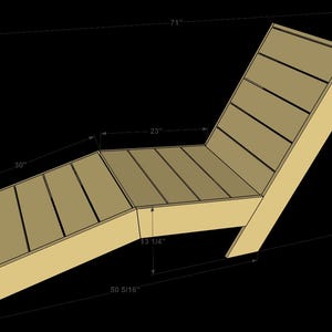 May include: A wooden lounge chair with a slatted design. The chair is 78 inches long, 25 1/4 inches wide, and 36 inches high.