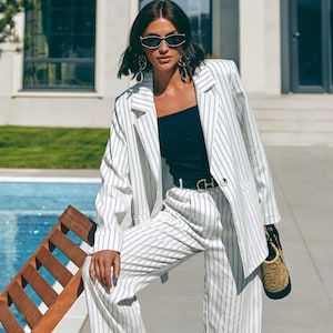 Striped Two-Piece Suit Women White Suit Women Suit Set Wedding Suit Striped Pants Striped Blazer