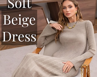 Beiges Geripptes Stricken Pullover Kleid – Langarm Baumwoll Midi Kleid