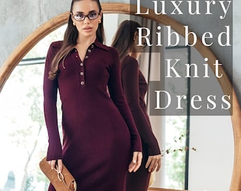 Collared Long Sleeve Midi Dress, Burgundy Ribbed Knit Sweater Dress, Modest Wedding Guest Dress, Plus Size Button Up Dress Women