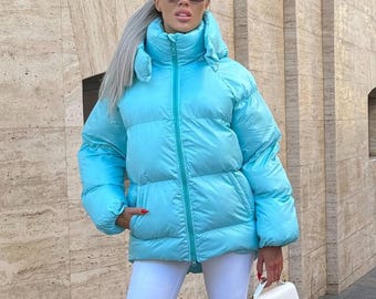 Piumino trapuntato turchese – Giacca invernale da donna di media lunghezza