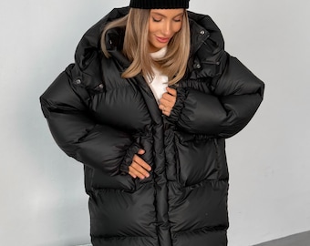 Black Quilted Puffer Jacket for Women | Hooded Warm Winter Coat, Minimalist City Outerwear