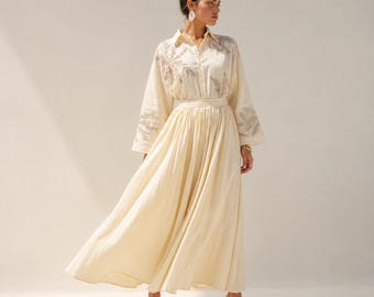 Embroidered Cotton Skirt Set, Elegant Wedding Guest Outfit for Her, Oversized Blouse & Maxi Skirt, Turkish Premium Cotton