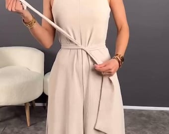 Mono de pierna ancha para mujer, elegante mono de crepé sin mangas, conjunto casual de verano de una pieza con cremallera trasera.