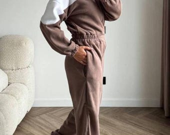 Met fleece gevoerde winterjumpsuit: warme katoenen hoodie-outfit voor dames