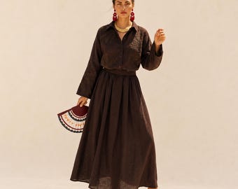 Vestido largo de lino bordado, conjunto bohemio para mujer, vestido largo estilo cottagecore en lino de primera calidad.