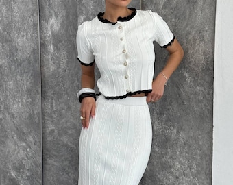 Old Money Knit Set, Chanel Inspired Skirt Set, Elegant Ribbed Co Ord, Quiet Luxury Outfit, Classy Feminine Set