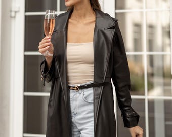 Black Vegan Leather Oversized Trench Coat: Belted Chic Outerwear