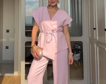 Pink Two Piece Set, Women Elegant Lounge Set, Wide Leg Pants, Outfit Minimalist Co Ord Set, Chic Summer Matching Set
