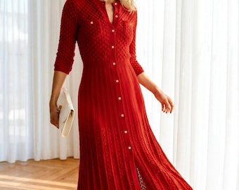 Knitted Midi Dress with Buttons, Elegant Cotton A Line Dress for Everyday Wear, Feminine Openwork Knit Cottagecore Style, Red dress