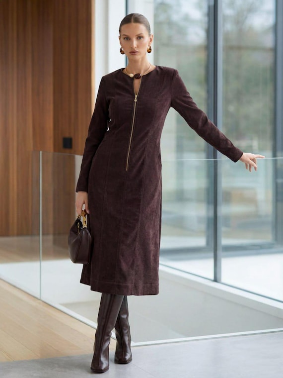 Fitted Micro-corduroy Midi Dress With Zipper Details | Elegant Long Sleeve Corduroy Sheath Dress | Sophisticated Office & Casual Dress