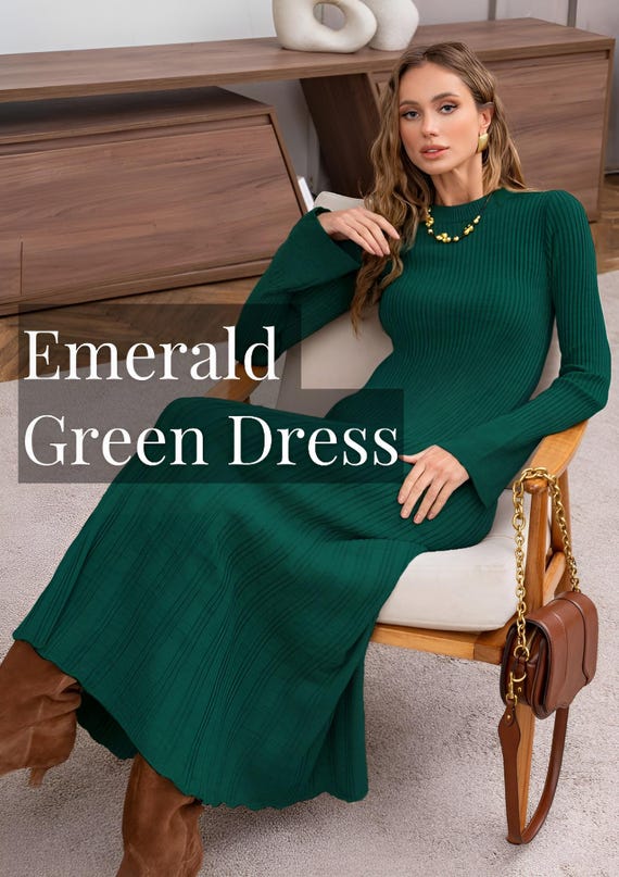 Emerald Green Knit Dress - Ribbed Long Sleeve Sweater Dress - Etsy UK