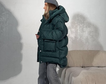 Piumino verde smeraldo da donna / Cappotto invernale trapuntato con cappuccio, capospalla caldo ed elegante