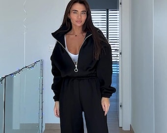 Fleecejumpsuit med dragkedja, mysig vinterloungewear för avslappnad vardagsstil, mjuk överdimensionerad träningsoverall
