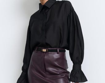 Black Tencel Shirt Women | Soft Silky Blouse with Puff Cuffs | Long Sleeve Elegant Work Blouse | Quiet Luxury Everyday Shirt | Versatile Top