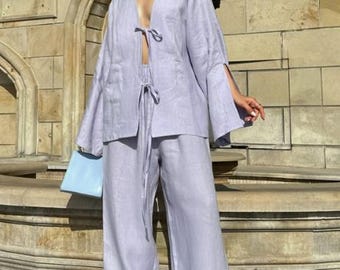 Light Blue Linen Suit Set Women, Linen Blazer and Pants Set, Oversized Linen Suit, Wide Leg Linen Pants, Minimalist Linen Outfit