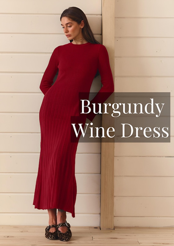 Burgundy Ribbed Knit Sweater Dress  Cotton Blend Midi Bodycon - Etsy Canada