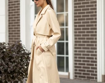 Oversized Cream Faux Leather Trench Coat – Belted Vegan Outerwear