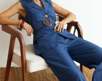 Vintage Women Suit Set with Vest and Trousers, 3 Piece Suit Women, Belted Pants Suit, Classic Tailored Suit, Elegant Office Outfit