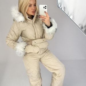 Women&#39;s Ski Jumpsuit with Belt Bag and Gloves, Warm Winter Ski Suit, Insulated Snowsuit, Waterproof One Piece Ski Outfit, Snowboard Suit