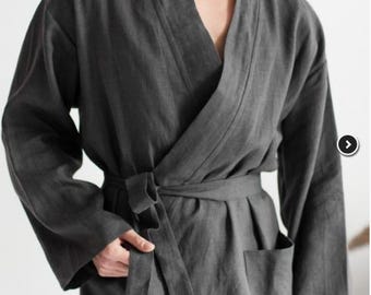 Men’s Linen Kimono Robe, Linen Bathrobe for Men, Oversized Linen Robe, Natural Linen Loungewear, Men’s Spa Robe,