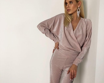 Rosa glitter lurex jumpsuit för kvinnor | Elegant festklänning med vida ben, festlig semesteroutfit