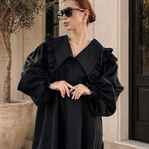 black linen puff sleeve dress Black Linen Dress Seoul Puff Sleeve