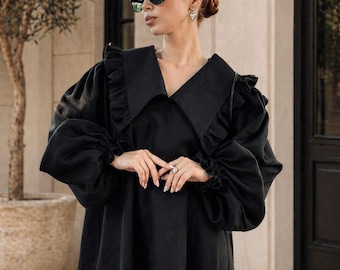 Vestido bohemio de lino a medida, minivestido negro extragrande, vestido de lino con mangas abullonadas, vestido de lino personalizado hecho a mano