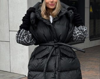 Women 2 in 1 Puffer Jacket Vest, Oversized Winter Coat with Removable Sleeves, Waterproof Windproof Eco Down Puffer, Black Hooded Gilet