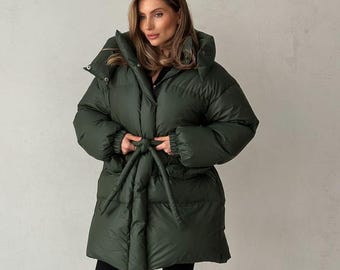 Cappotto imbottito oversize con cintura, giacca invernale da donna per il freddo e per tutti i giorni, capospalla streetwear verde foresta